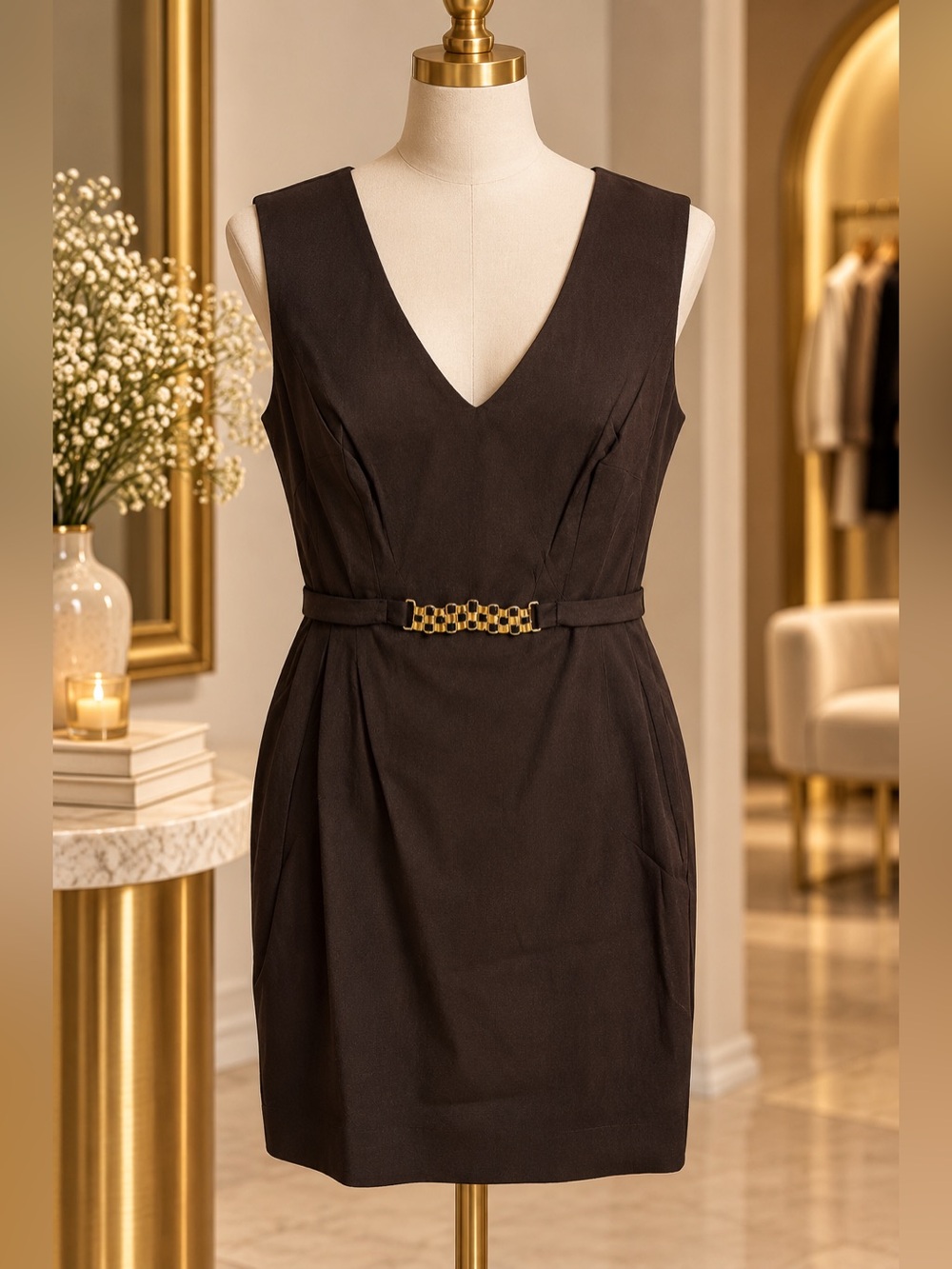 AGB Black Sleeveless Sheath Dress with Gold-Tone Decorative Buckle